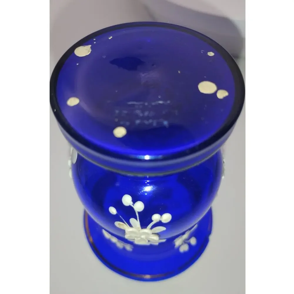Vintage Czechoslovakia Cobalt Blue Glass Bud Vase Enamel Flowers 3” - Picture 3 of 3